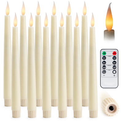 12 Pack 10" LED Flameless Ivory Real Wax Taper Candles w/Remote Controller, On/Off Button, Dimmable, Flicker/Static Mode, Battery Operated - West Ivory LED Lighting 
