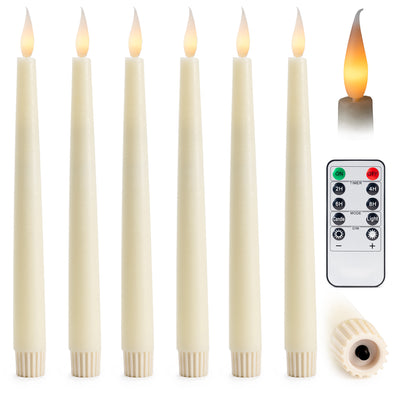 6 Pack 10" LED Flameless Ivory Real Wax Taper Candles w/Remote Controller, On/Off Button, Dimmable, Flicker/Static Mode, Battery Operated - West Ivory LED Lighting 