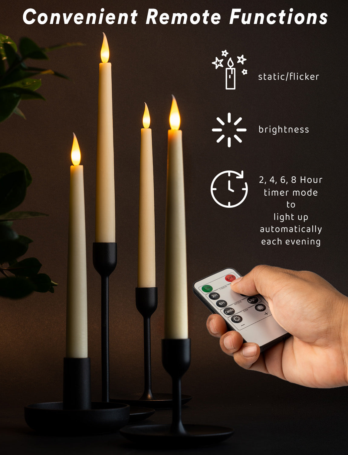 12 Pack 10" LED Flameless Ivory Real Wax Taper Candles w/Remote Controller, On/Off Button, Dimmable, Flicker/Static Mode, Battery Operated - West Ivory LED Lighting 