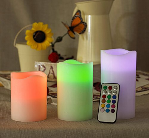 Set of 3 - LED Ivory Flickering Flameless Candles Multicolor Changing with Remote Control Weatherproof - West Ivory LED Lighting 