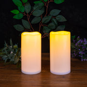 Solar Rechargeable Weatherproof Flickering Flameless LED Outdoor Pillar Resin Candles with Dusk to Dawn Timer, Light Sensor, Set of 2, D 4" x H 8", Warm White - West Ivory LED Lighting 