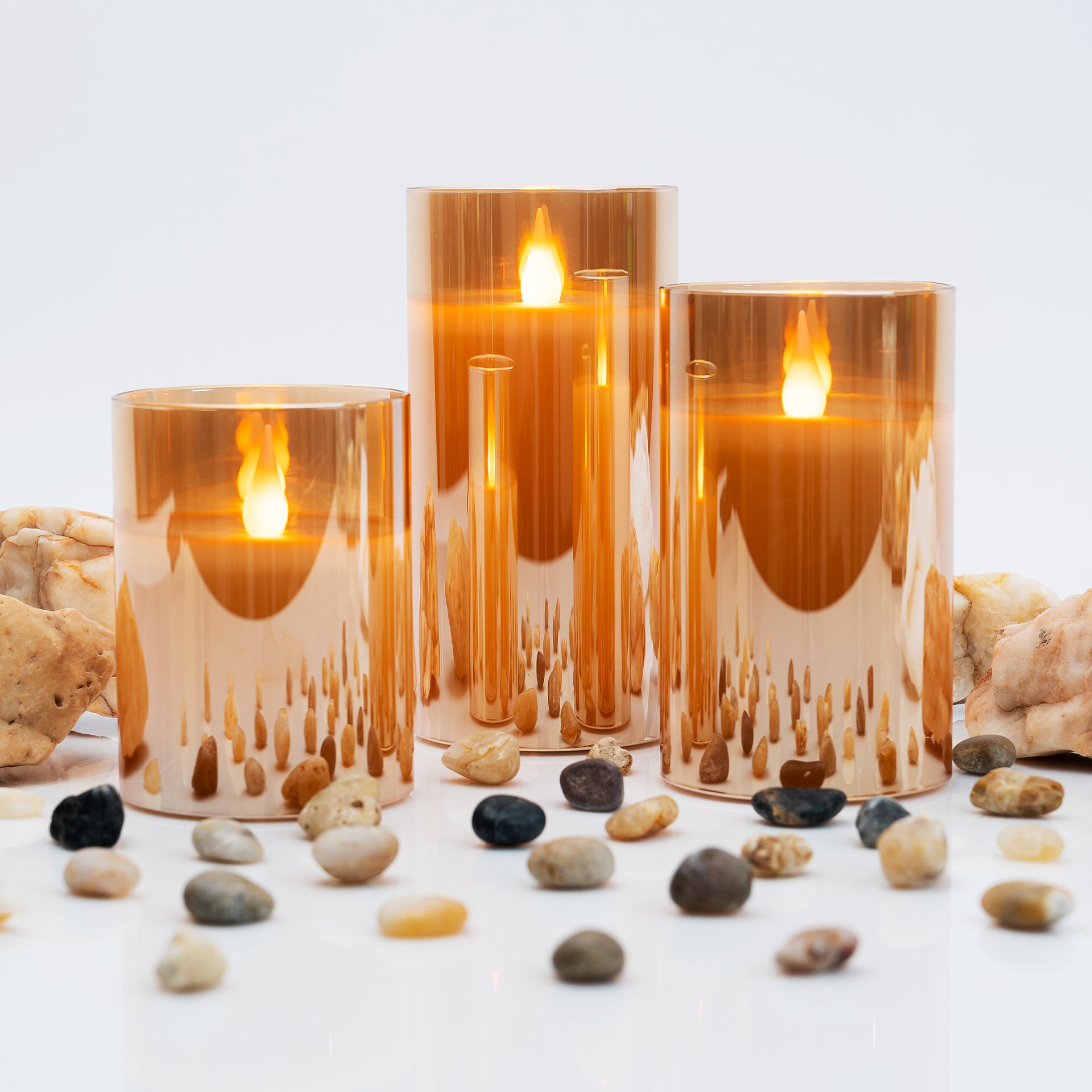 LED GOLD METALLIC MIRRORED TINTED GOLD GLASS FLICKERING DIMMABLE FLAMELESS CANDLES - SET OF 3 WITH REMOTE CONTROL - West Ivory LED Lighting 