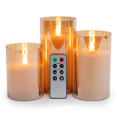 LED GOLD METALLIC MIRRORED TINTED GOLD GLASS FLICKERING DIMMABLE FLAMELESS CANDLES - SET OF 3 WITH REMOTE CONTROL - West Ivory LED Lighting 
