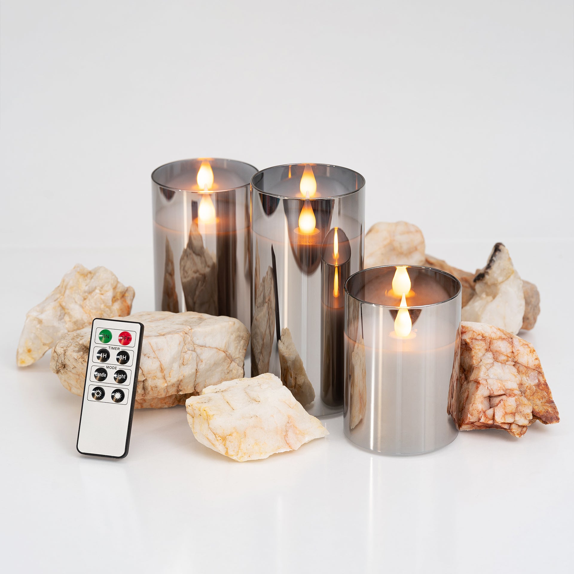 LED METALLIC MIRRORED GLASS FLICKERING FLAMELESS CANDLES - SET OF 3 (4" 5" 6") WITH REMOTE CONTROL - West Ivory LED Lighting 
