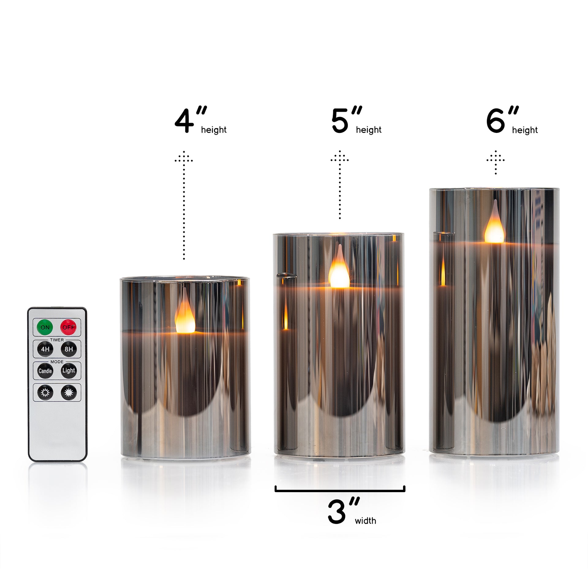 LED METALLIC MIRRORED GLASS FLICKERING FLAMELESS CANDLES - SET OF 3 (4" 5" 6") WITH REMOTE CONTROL - West Ivory LED Lighting 