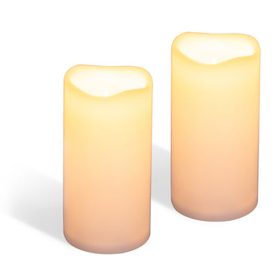 Solar Rechargeable Weatherproof Flickering Flameless LED Outdoor Pillar Resin Candles with Dusk to Dawn Timer, Light Sensor, Set of 2, D 4" x H 8", Warm White - West Ivory LED Lighting 