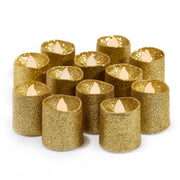 LED Gold Glitter Tea Light Flameless Faux Wax Candles 12 Pack - West Ivory LED Lighting 