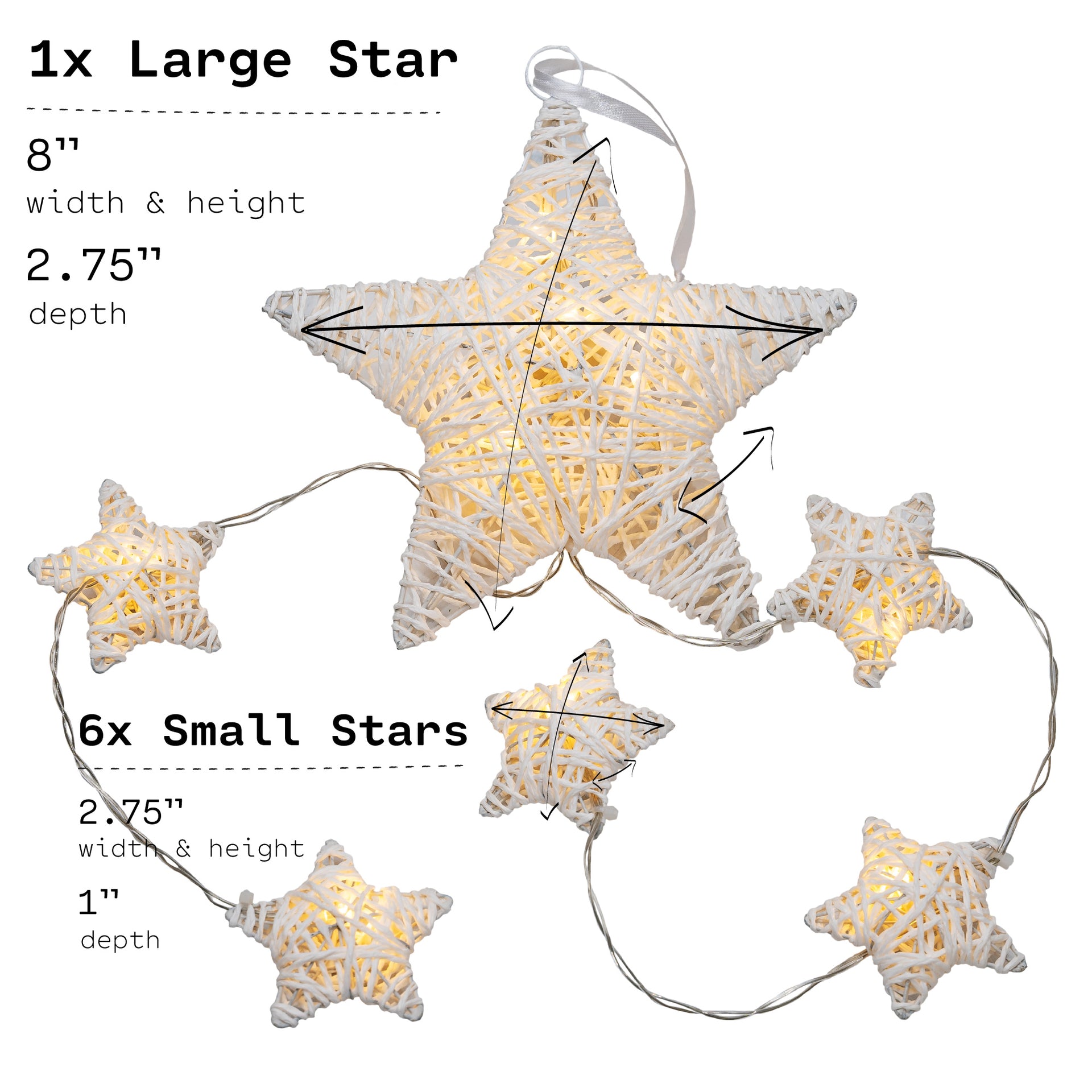 10 LED Hanging Fairy Light 5 Small 1 Large White String Paper Stars w/Metal Frame Battery Powered Warm White - West Ivory LED Lighting 